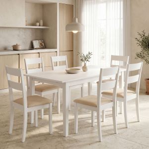 Комплект маса и столове Dallan Mabor 7 части бяло каучуково дърво 120-150x80x73.8 см