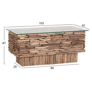 Холна маса правоъгълна Sparrow HM18366 плаващо Дървоdriftwood)-стъкло 105X45X47HСМ.