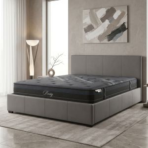 Bed with mattress and storage space Norwegian-Resty gray PU 160x200cm