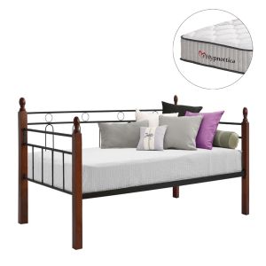 Sofa bed with mattress Reven HM10755 metal & rubber wood in old dirty color) oak-mattress 90X190CM.