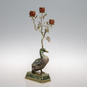 Candlestick duck made of polyresin - metallic red - gold - green 22.5X18X48CM