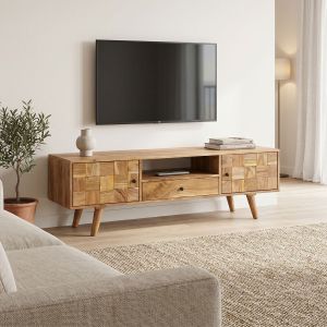 TV cabinet Firpo solid acacia wood in natural color 130x35x45cm