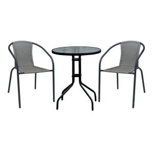 Garden set BALENO-W table + 2 armchairs, black painted metal, knitted fabric, mix of gray