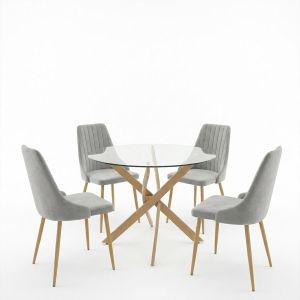 Azori Grey table and chairs set and Antoro glass table D100x75 cm, set of 5 pieces