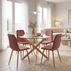 Noor Dusty Rose table and chairs set and Antoro glass table D100x75 cm, set of 5 pieces