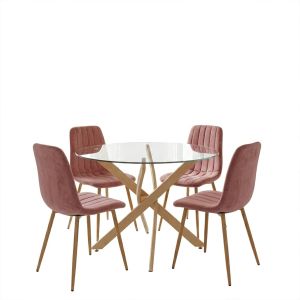 Noor Dusty Rose table and chairs set and Antoro glass table D100x75 cm, set of 5 pieces