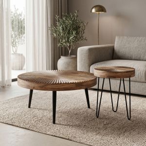 Set of 2 Lemia coffee tables made of natural mango wood and black metal legs
