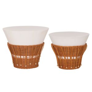 Set of 2 coffee tables Perral HM21138.02 fiber cement in white - natural rattan decoration