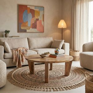 Coffee table Japandi, natural mango wood color Φ90x35cm