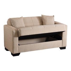 2-seater sofa bed Vox with storage space, beige fabric, 150x84x83cm