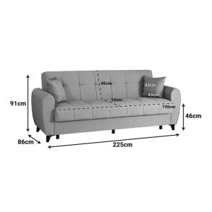 Lincoln 3-seater sofa bed with storage, light gray fabric, 226x84x93cm