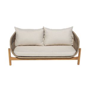 Verilan two-seater sofa, acacia wood-fabric in natural beige color, 163x77x70cm
