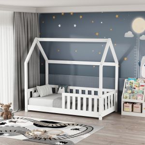 Bambie children's bed with railing Montessori type pine wood in white shade 70x140cm