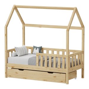 Bendina Montessori style children's bed with drawer, pine wood in a natural shade, 70x140cm