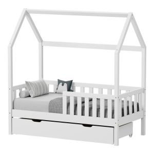 Bendina Montessori style children's bed with drawer, pine wood in white shade, 70x140cm