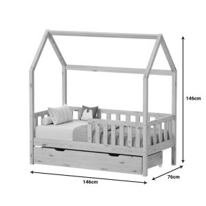 Bendina Montessori style children's bed with drawer, pine wood in white shade, 70x140cm