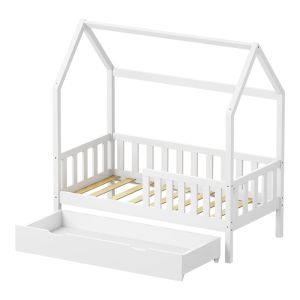 Bendina Montessori style children's bed with drawer, pine wood in white shade, 70x140cm