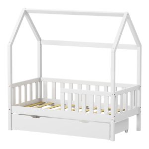 Bendina Montessori style children's bed with drawer, pine wood in white shade, 70x140cm