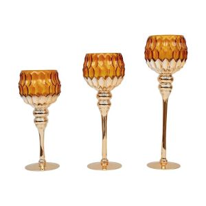 Set of 3 glass candlesticks FL6910 amber-gold color 30-35-40cm