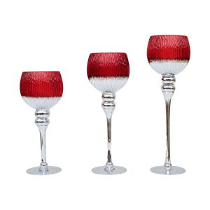 Set of 3 glass candlesticks FL6912 red-silver color 30-35-40cm