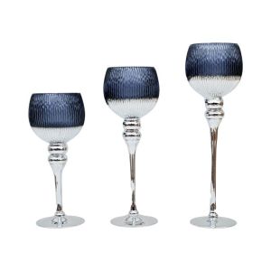 Set of 3 glass candlesticks FL6912 black-silver color 30-35-40cm