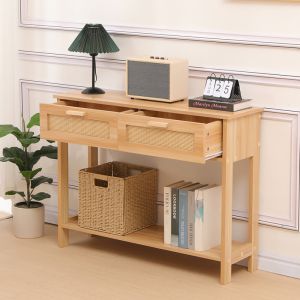 Конзолна маса Alenda от борова дървесина-ратан в естествен цвят 100x30x76см