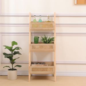 Floor 3-tier shelf made of Scandinavian pine, wood-rattan in natural color 44x37x110 cm