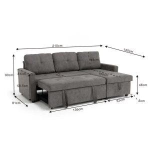 Napora corner sofa bed with storage, anthracite, fabric 214x83/138x90cm