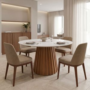 Луксозна Трапезна маса Marble Franzel Bold синтерован камък с мраморна визия- MDF в естествен нюанс D120x75см