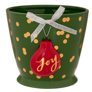 Зелена керамична саксия с червен орнамент топка и надпис „joy“ 14X13X11.5 см