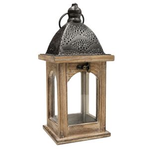 Кафяв дървен фенер с метален сив таван 12х12х27см