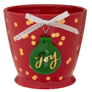 Червена керамична саксия със зелен орнамент топка и надпис „joy“ 14X13X11.5 см