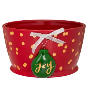Червена керамична саксия със зелен орнамент топка и надпис „joy“ 18X18X9.5 см