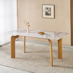 Трапезарна маса Dalle HM18479.02 Mdf плот в бял мрамор - метални крака с естествен дървен вид 180X90X76ВСМ.
