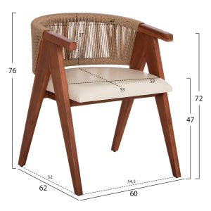 Трапезен стол Brann HM18238.12 тиково дърво-въже-екрю Pu 60X62X76ВСМ.
