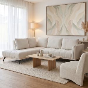 Ъглов десен диван Belanza бежов плат 265x213x90см