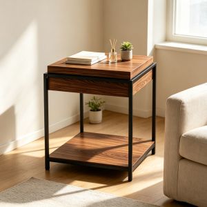 Странична маса Odar с място за съхранение, орех, MDF с черен метал, 51x51x60см